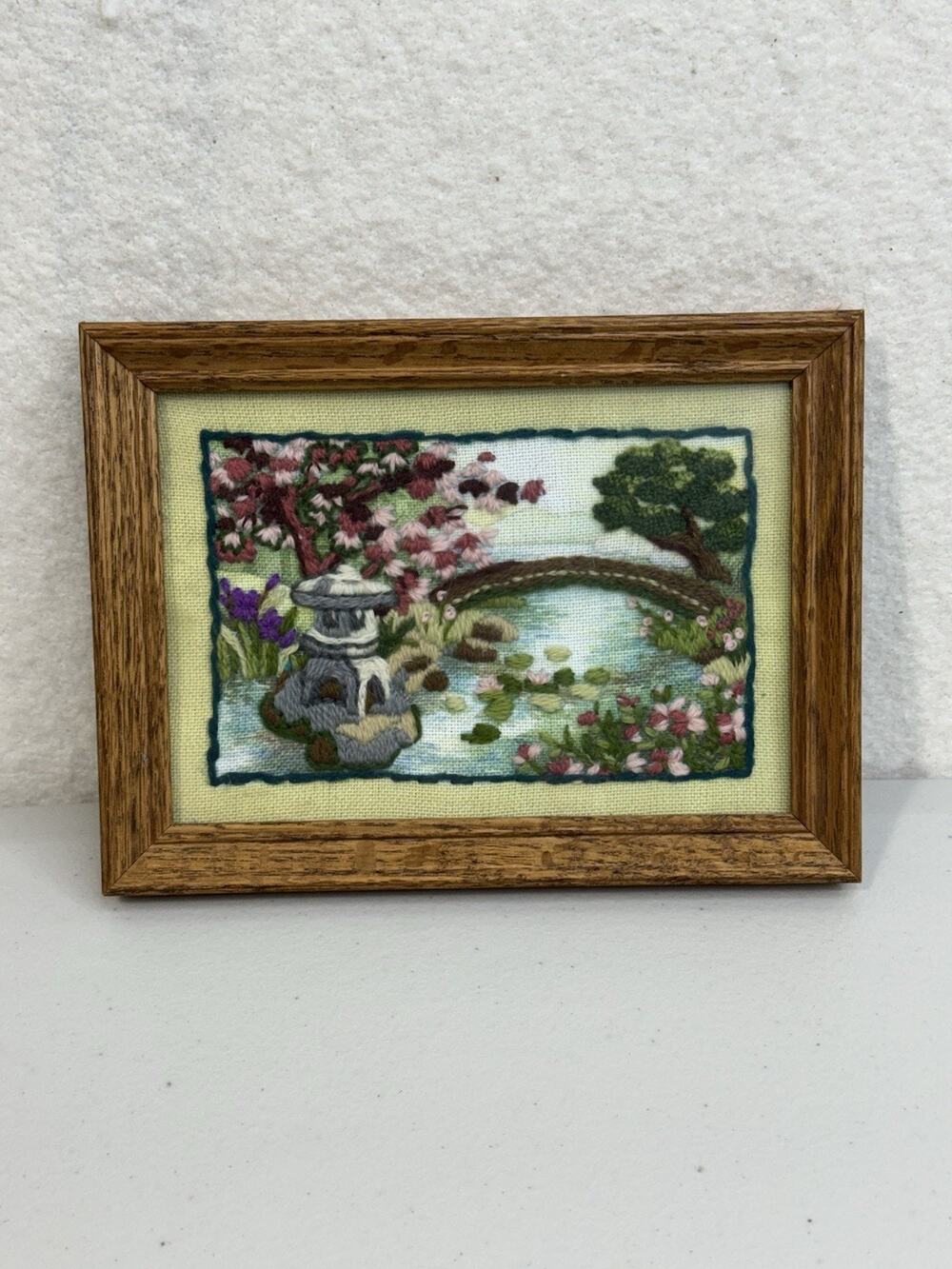 VTG Miniature Framed Handmade Crewel Art Asian Pagoda Chinoiserie Garden Bridge